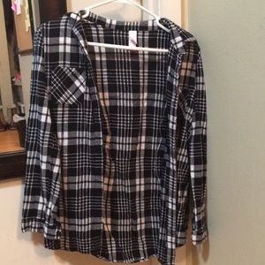 Black and white plaid top.
